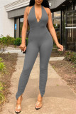 Grey Sexy Casual Solid Backless Halter Skinny Jumpsuits