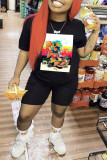 Black Fashion Casual Print Basic O Neck Short Sleeve Two Pieces