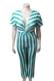 Green Fashion Casual Striped Print Basic V Neck Regular Jumpsuits