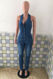Blue Sexy Casual Solid Backless Halter Skinny Jumpsuits