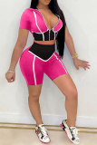 Rose Red Sexy Color Block Patchwork Zipper Collar Short Sleeve Two Pieces