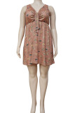 Brown Casual Daily Patchwork Bandage Printing V Neck A Line Plus Size Dresses
