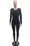 Black Fashion Sexy Patchwork Hollowed Out See-through O Neck Skinny Jumpsuits