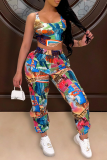 Multicolor Sexy Print Split Joint U Neck Sleeveless Two Pieces