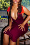 Deep Red Fashion Sexy Solid Backless Fold V Neck Sleeveless Dress