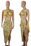 Red Sexy Print Hollowed Out Patchwork Swimwears