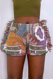 Blue Casual Print Tassel Patchwork Straight Mid Waist Straight Full Print Bottoms