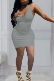 Red Casual Solid Patchwork U Neck Pencil Skirt Dresses