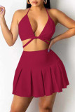 Yellow Sexy Solid Bandage Patchwork Fold Halter Two Pieces