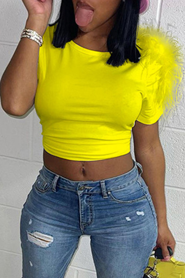 Yellow Fashion Casual Solid Patchwork O Neck T-Shirts