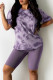 Purple Fashion Casual Print Basic O Neck Short Sleeve Two Pieces
