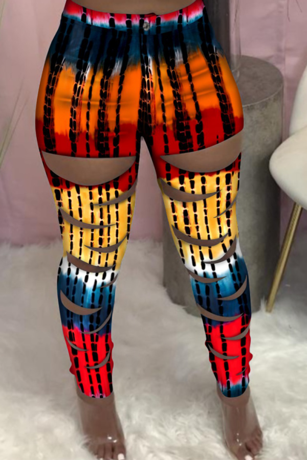 Red Sexy Print Ripped Skinny High Waist Pencil Full Print Bottoms