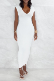 White Sexy Solid High Opening Zipper U Neck Pencil Skirt Dresses