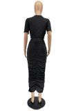 Red Fashion Casual Solid Fold O Neck Short Sleeve Two Pieces