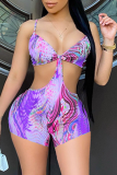 Rose Red Sexy Print Hollowed Out Spaghetti Strap Skinny Rompers