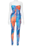 Blue Sexy Patchwork Tie-dye Strapless Skinny Jumpsuits