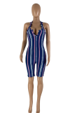 Blue Sexy Striped Patchwork V Neck Skinny Rompers
