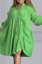 Green Casual Solid Split Joint Turndown Collar Cake Skirt Dresses