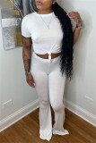White Fashion Casual Solid Basic O Neck Short Sleeve Two Pieces