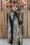 Black Casual Print Hollowed Out Patchwork Halter Straight Jumpsuits