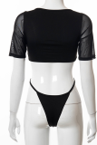 Deep Blue Sexy Solid Mesh V Neck Skinny Bodysuits