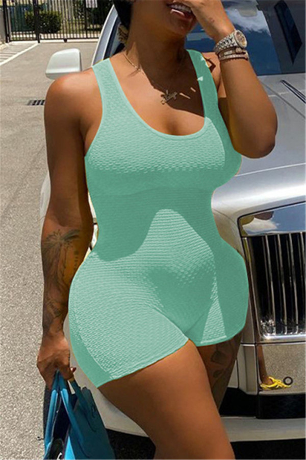 Green Fashion Casual Solid Backless U Neck Sleeveless Skinny Romper