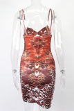 Red Sexy Print Hollowed Out Spaghetti Strap Pencil Skirt Dresses
