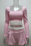 Pink Casual Solid Patchwork Boat Neck Long Sleeve Two Pieces