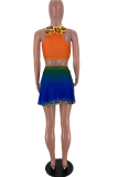 Yellow Sexy Print Patchwork Square Collar Sleeveless Two Pieces