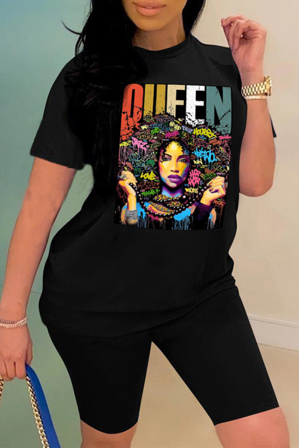 Black Fashion Casual Print Basic O Neck Short Sleeve Two Pieces