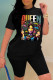 Black Fashion Casual Print Basic O Neck Short Sleeve Two Pieces