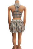 Dark Brown Fashion Casual Plaid Print Vests O Neck Sleeveless Two Pieces