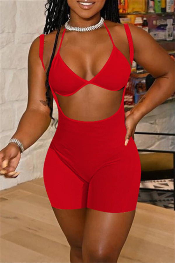 Red Fashion Sexy Solid Hollowed Out Spaghetti Strap Sleeveless Two Pieces