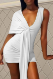 White Sexy Solid Patchwork V Neck Irregular Dress Dresses