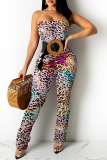 Red Sexy Print Patchwork Strapless Boot Cut Jumpsuits