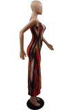Red Fashion Sexy Print Backless Slit U Neck Vest Dress Dresses