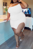 White Fashion Sexy Plus Size Solid Backless Slit One Shoulder Sleeveless Dress