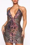 Colour Fashion Sexy Patchwork Sequins Backless V Neck Sling Dress