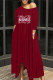 Burgundy Fashion Casual Letter Print Oblique Collar Irregular Dress