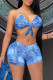 Blue Fashion Sexy Print Bandage Backless Spaghetti Strap Sleeveless Two Pieces
