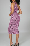 Leopard Print Sexy Print Bandage Hollowed Out Patchwork Oblique Collar Pencil Skirt Dresses