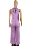 Light Purple Fashion Casual Solid Hollowed Out Without Belt O Neck Regular Jumpsuits