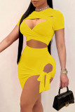 Pink Sexy Solid Hollowed Out Asymmetrical With Bow O Neck Short Sleeve Two Pieces