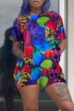 Multicolor Fashion Casual Print Basic O Neck Short Sleeve Two Pieces