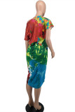Red Fashion Casual Tie Dye Printing V Neck Short Sleeve Dress