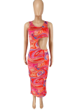 Pink Sexy Print Hollowed Out O Neck Pencil Skirt Dresses