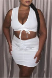 Deep Blue Sexy Casual Solid Bandage V Neck Sleeveless Two Pieces