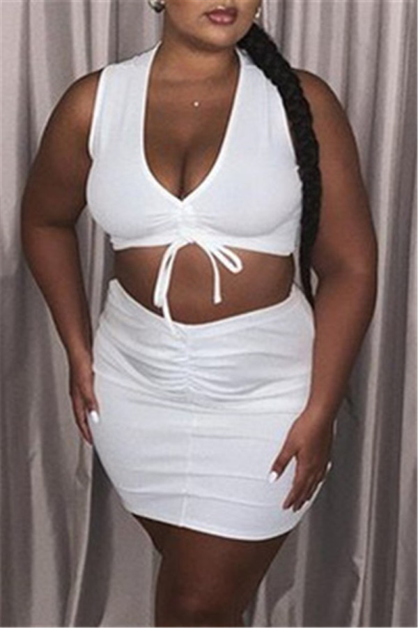 White Sexy Casual Solid Bandage V Neck Sleeveless Two Pieces