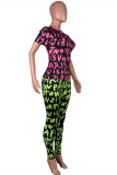 Pink Yellow Fashion Casual Print Basic O Neck Short Sleeve Two Pieces