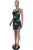 Blue Black Fashion Sexy Print Backless Sleeveless Dress